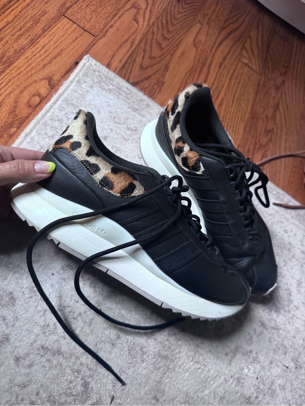 Black leather adidas Women’s Sneakers with Leopard calf hair Heel Trim